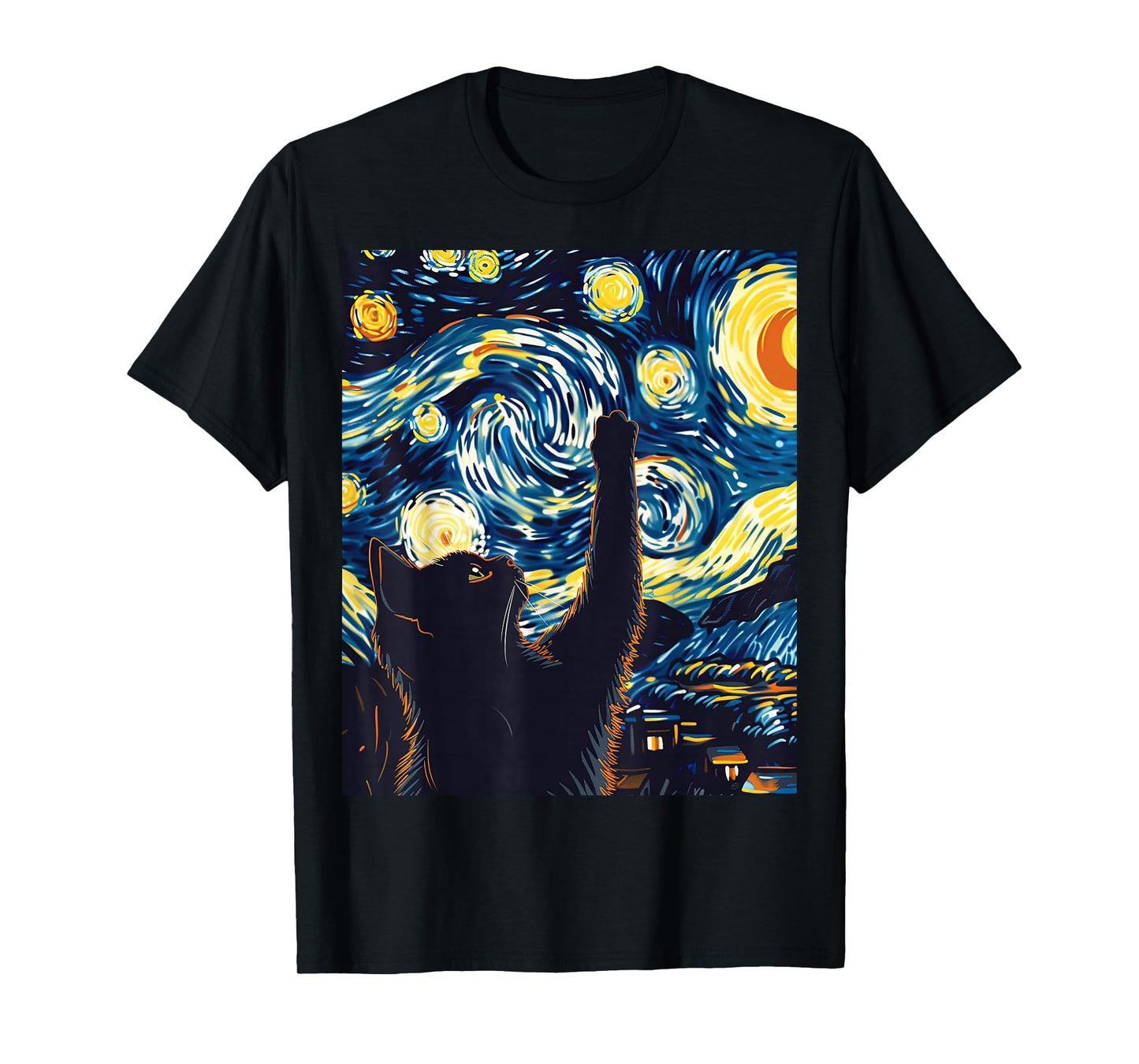 Cute Cat Van Gogh Style Starry Night Art T-Shirt