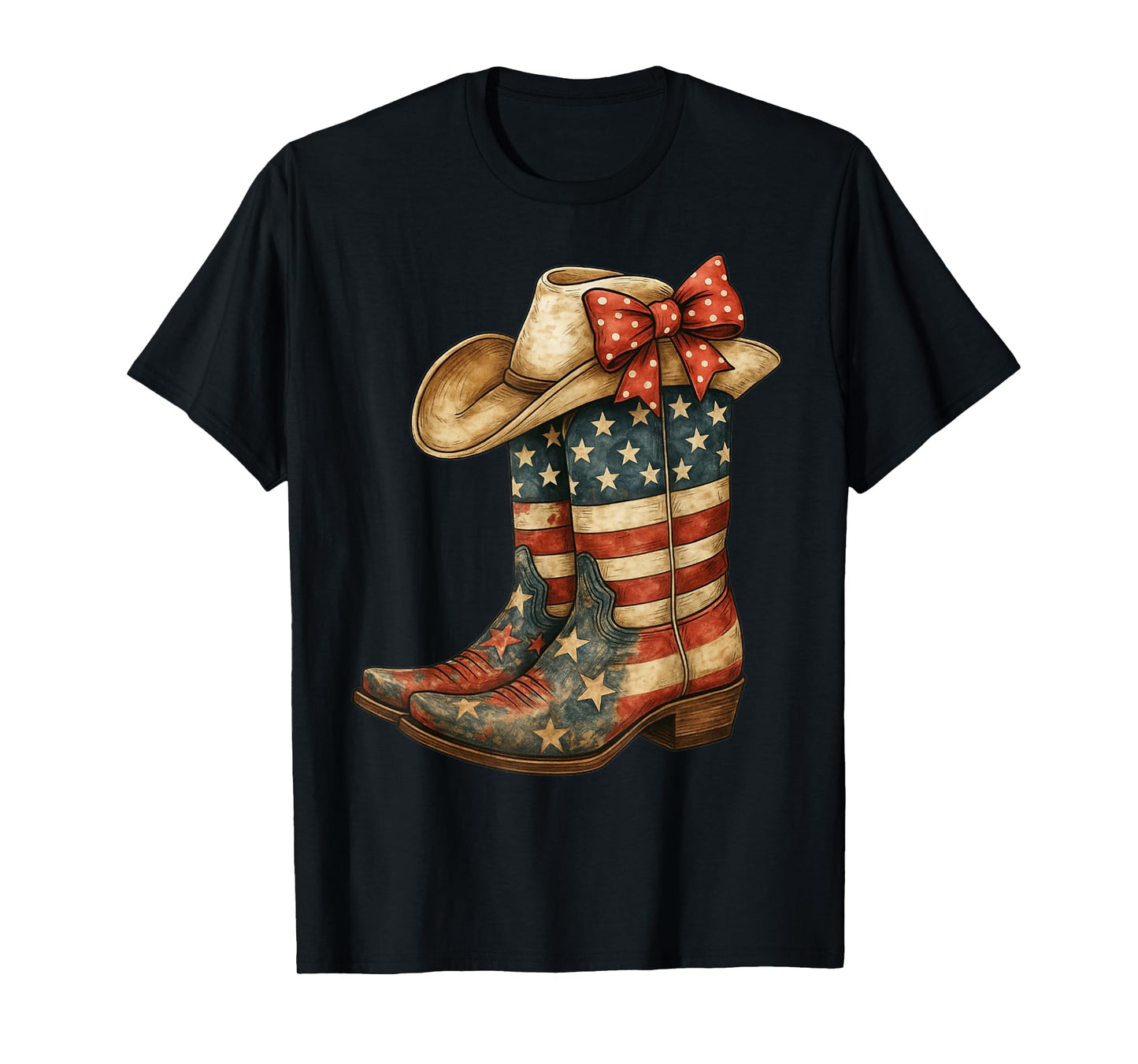 Retro Western Cowboy Boots Cowgirl American Flag 4th of July T-Shirt