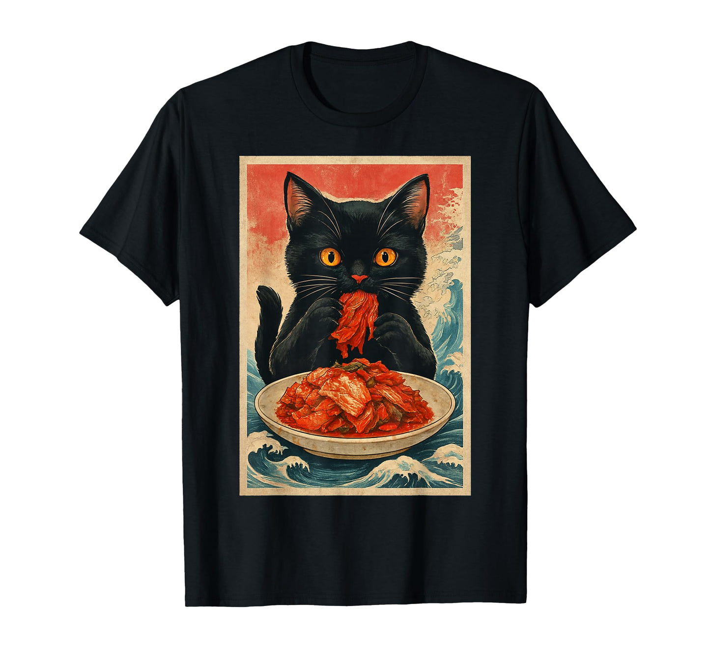 Funny Black Cat Eating Kimchi Retro Japanese T-Shirt