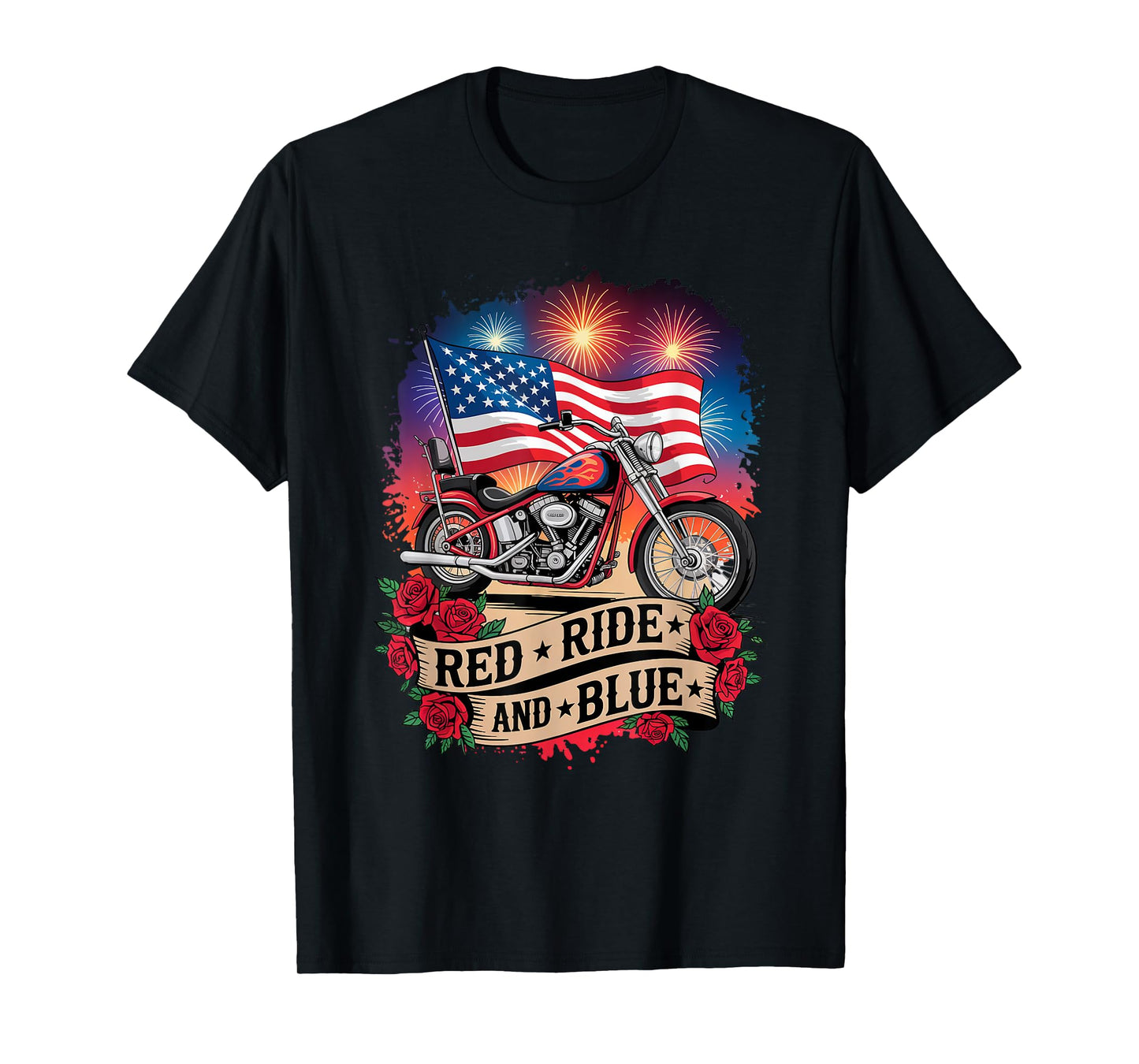 Red Ride & Blue Motorcycle Patriotic USA Biker American Flag T-Shirt