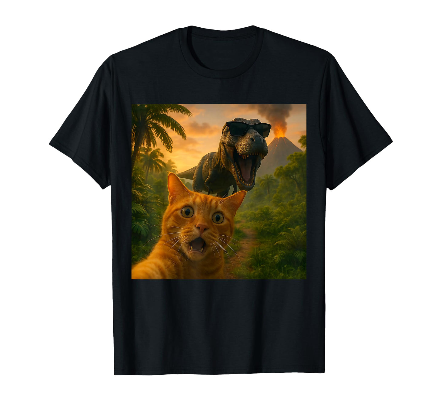 Cat Selfie with Dinosaur Funny Graphic T-Shirt