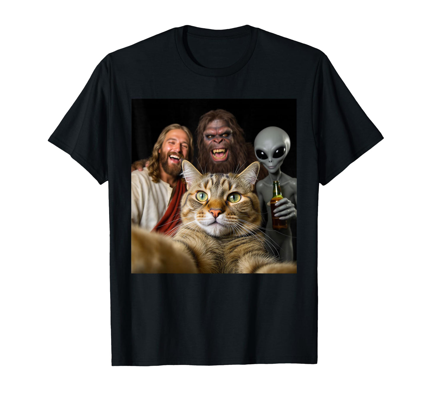 Funny Christmas Cat Selfie Bigfoot an Alien & Jesus Meme T-Shirt