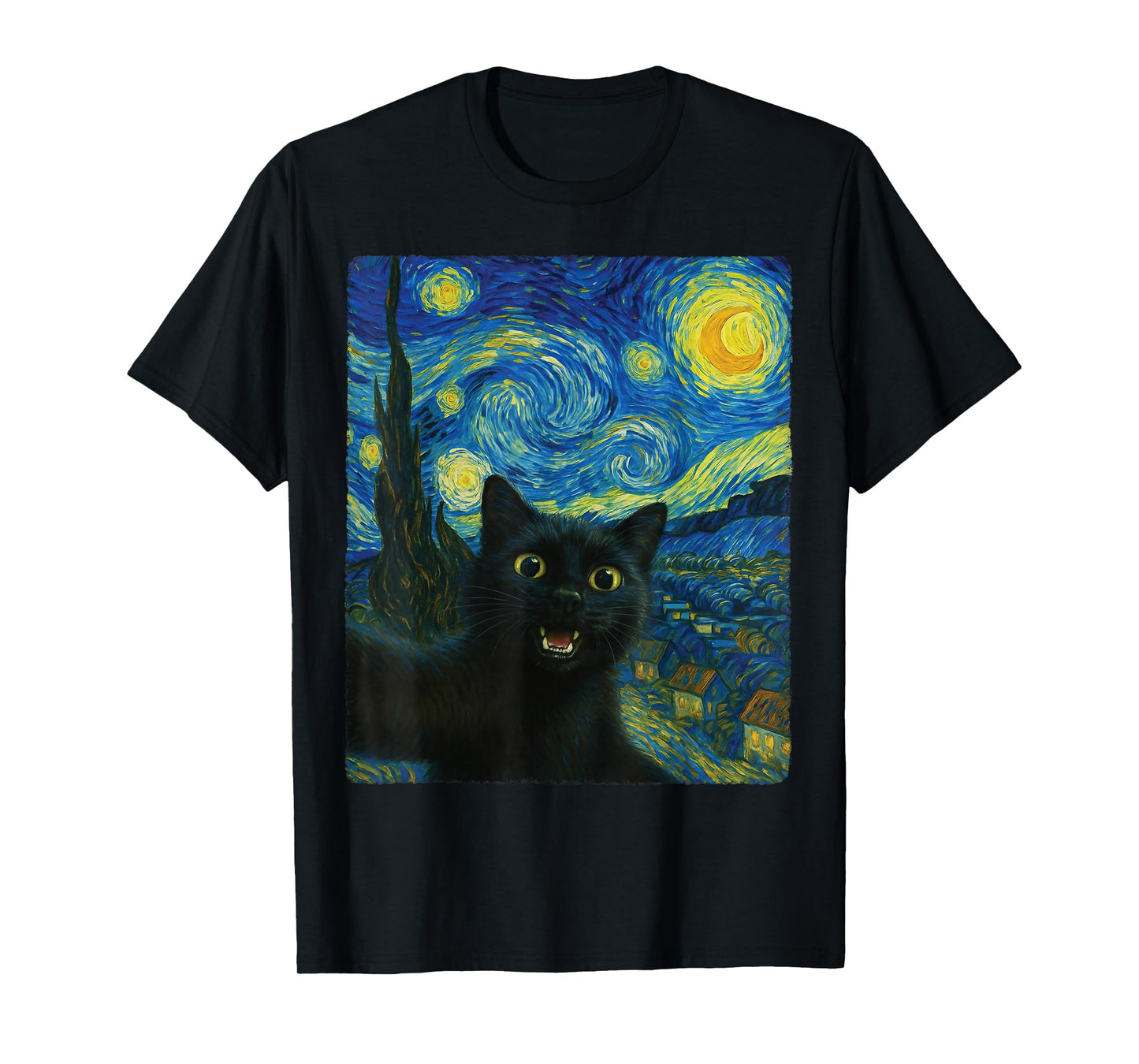 Black Cat Starry Night Van Gogh Cat Selfie Cat Mom Cat Lover T-Shirt