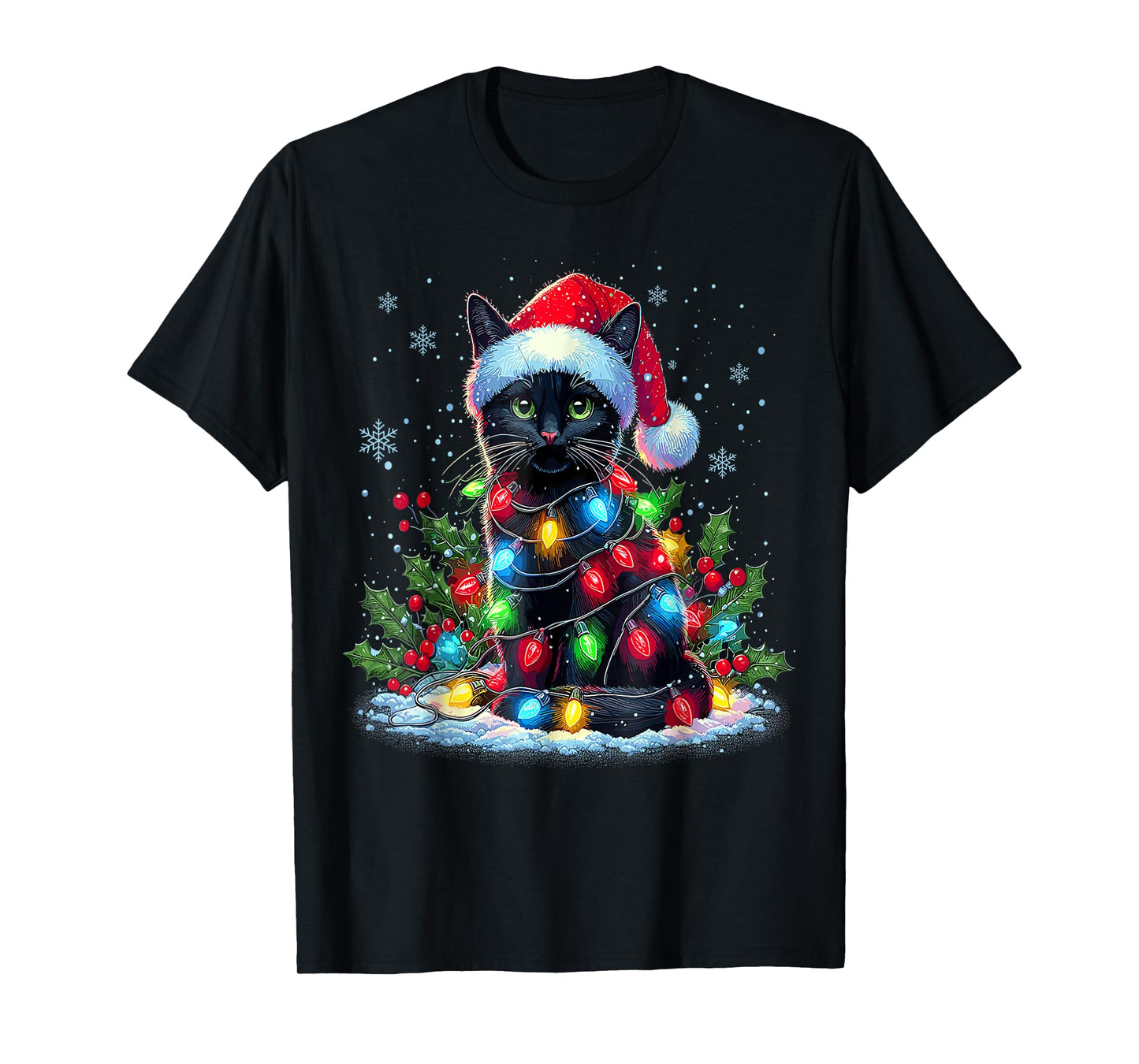Funny Black Cat Wrapped in Christmas Lights Festive Art T-Shirt