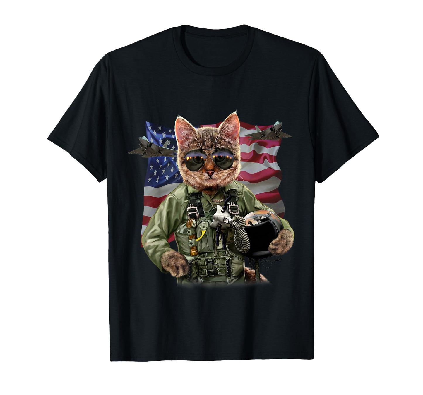 Cat Fighter Pilot with American Flag and Jets T-Shirt