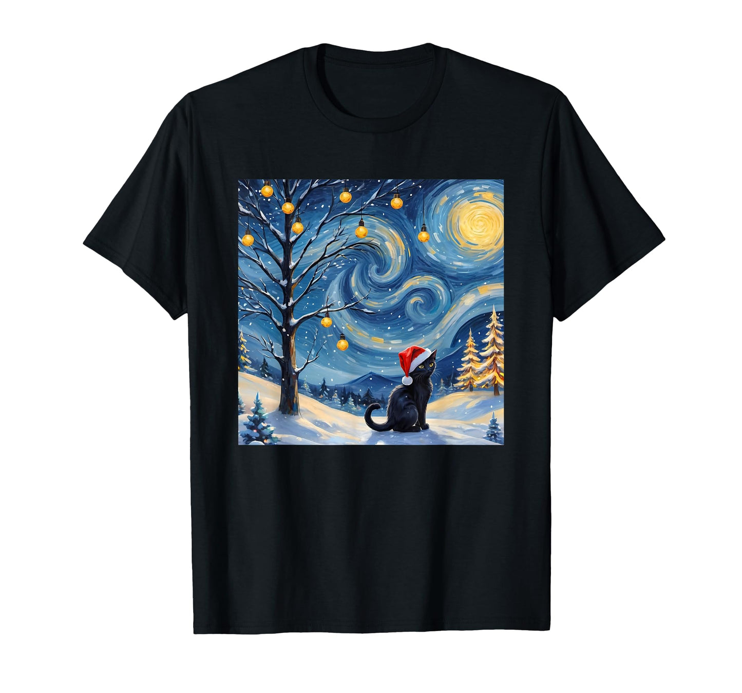 Christmas Van Gogh Starry Night Black Cat Santa Hat Vintage T-Shirt for Men Women Kids