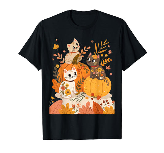 Cute Halloween Cats with Pumpkins Retro & Fall Flower Floral T-Shirt