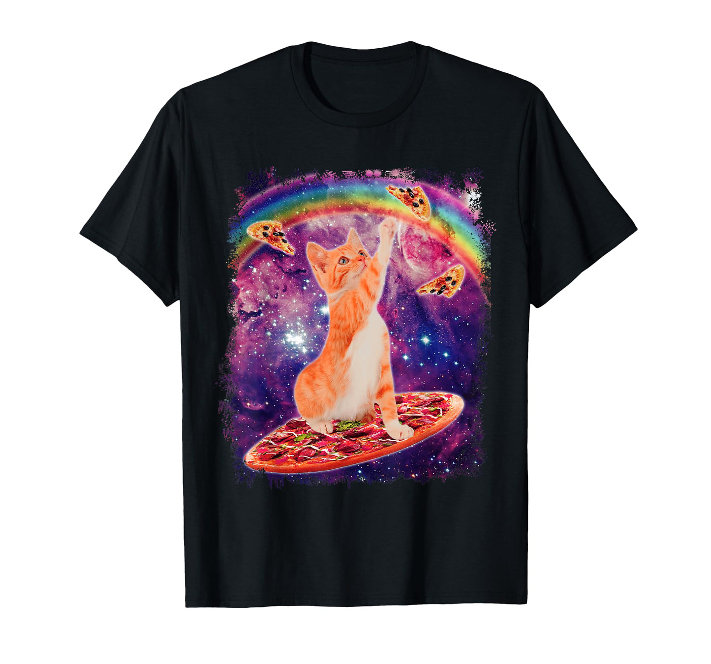 Space Cat Riding Pizza Rainbow Cat Galaxy Cute Kitty Lovers T-Shirt
