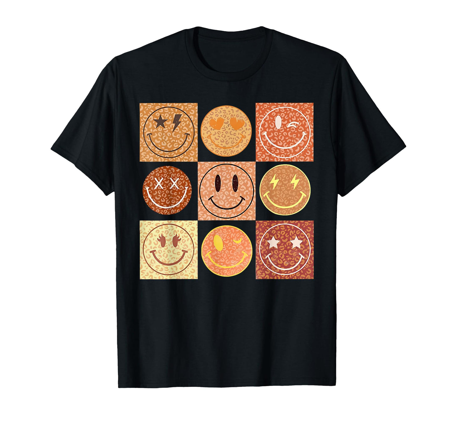 Retro Leopard Happy Face Checkered Pattern Smile Face T-Shirt