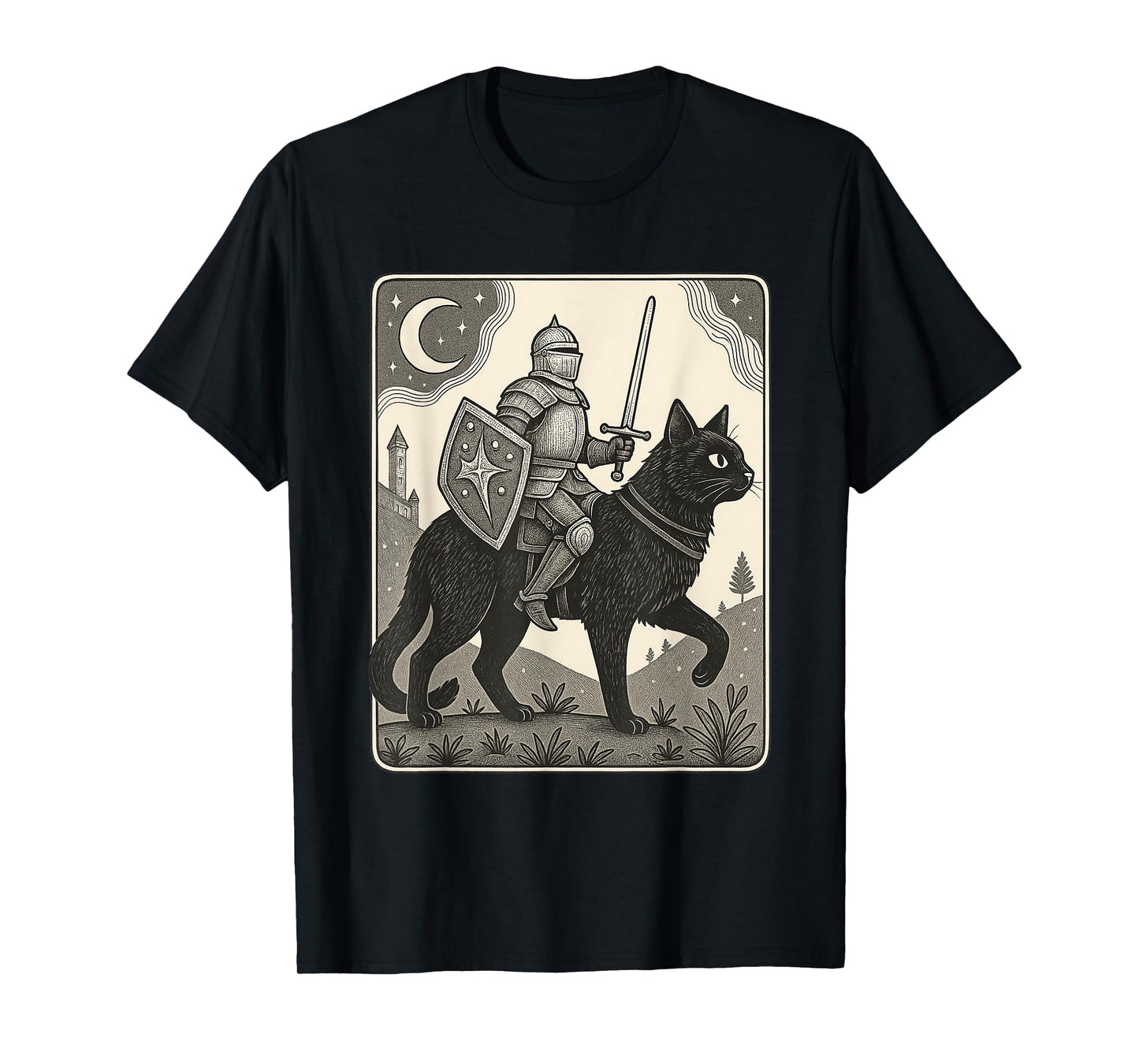 Knight Riding Black Cat Medieval Fantasy Funny Graphic T-Shirt