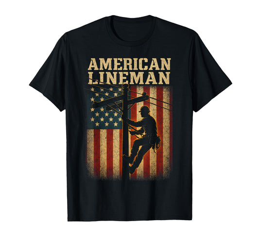 Retro Lineman American Flag Electric Cable Patriotic Lineman T-Shirt