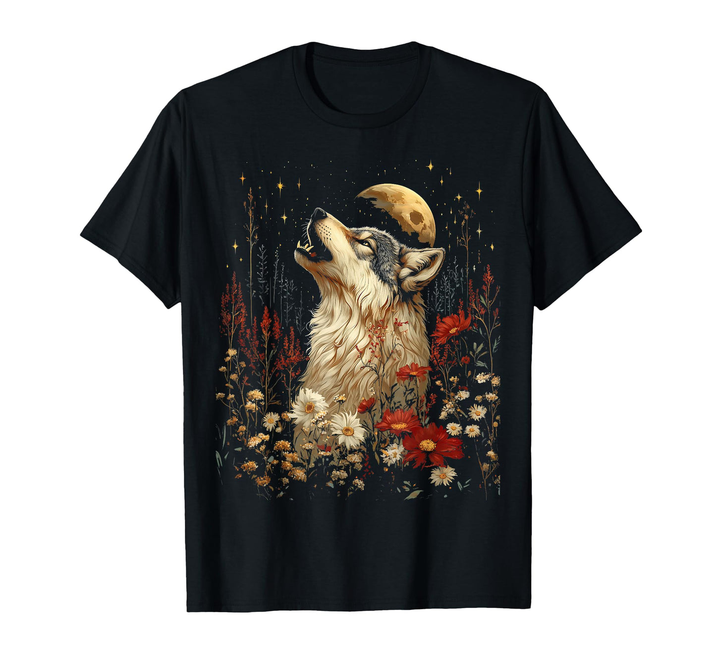 Boho Wolf Howling at The Moon Floral Mystical Graphic Women T-Shirt