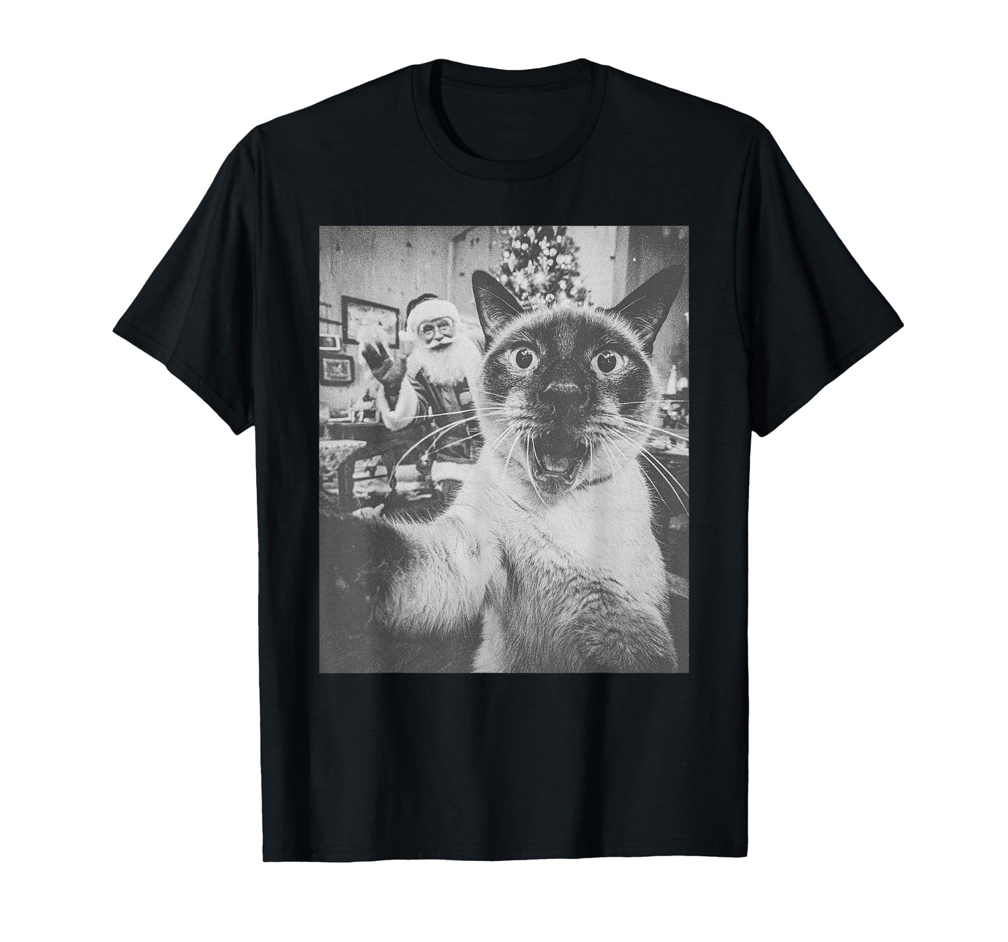Funny AI Siamese Cat Selfie with Santa Claus Christmas Meme T-Shirt