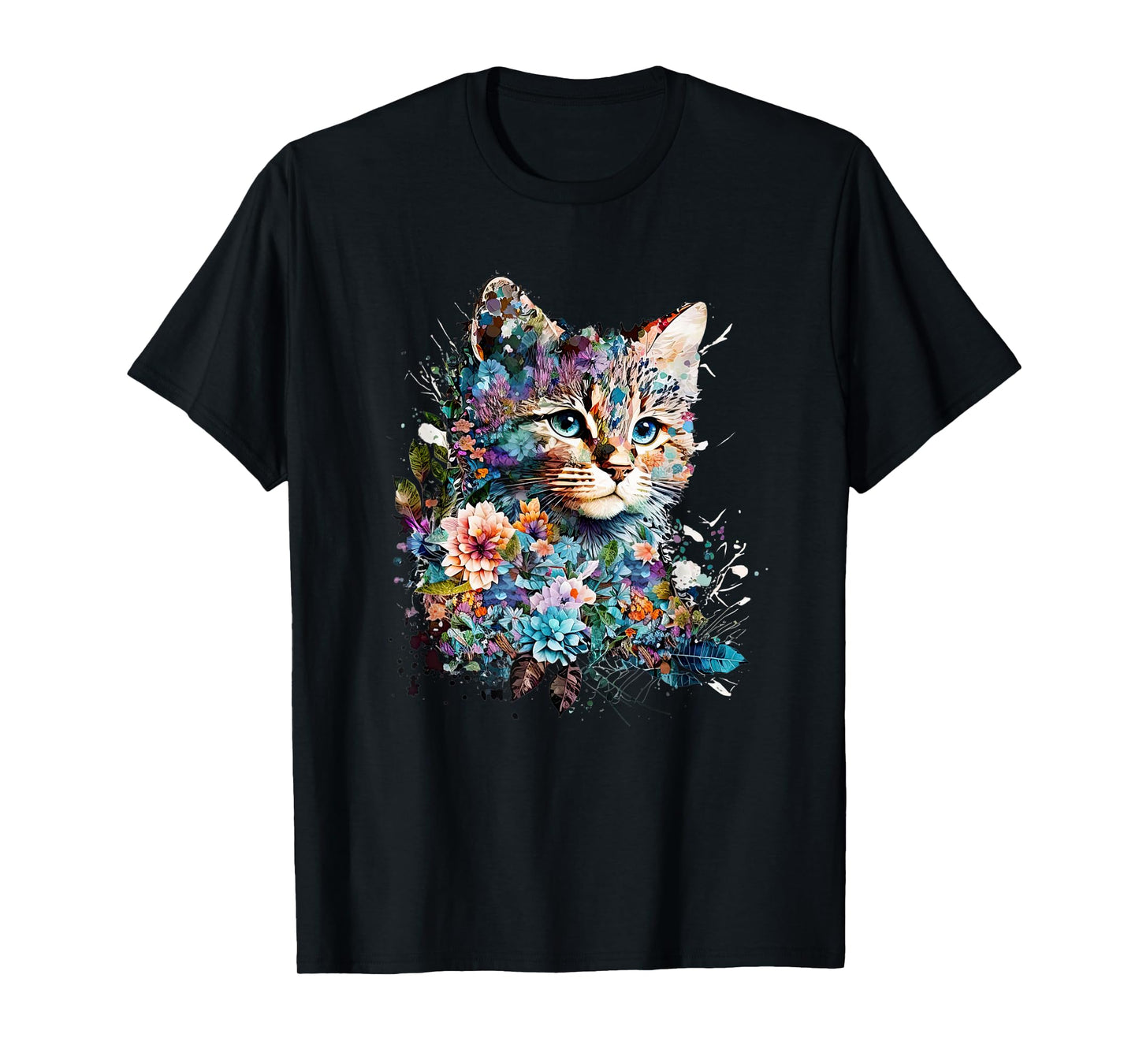 Cute Cat Motif Cat With Flowers Cat T-Shirt