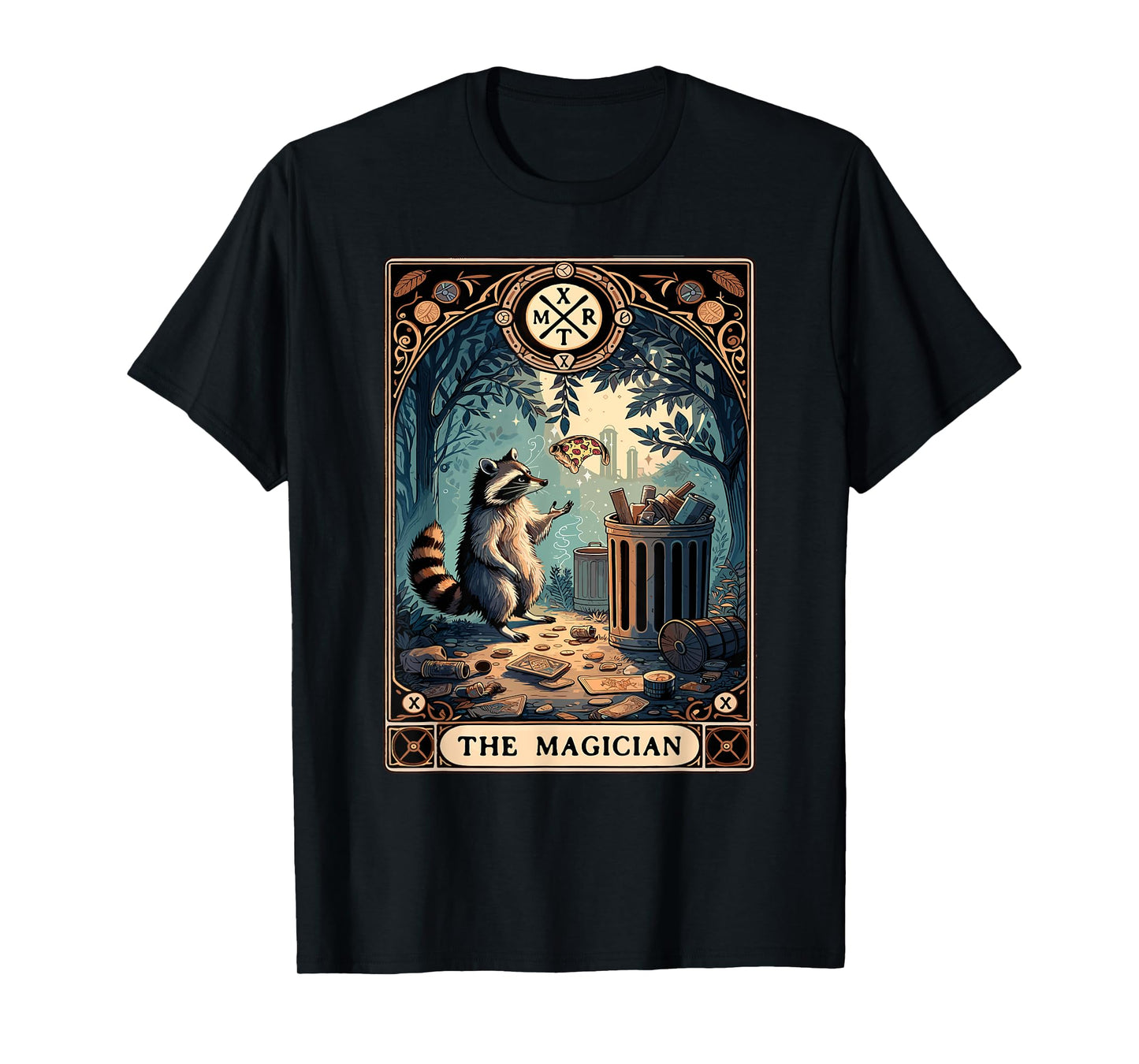 Raccoon Tarot Card Pizza The Magician Gothic Occult Raccoon T-Shirt
