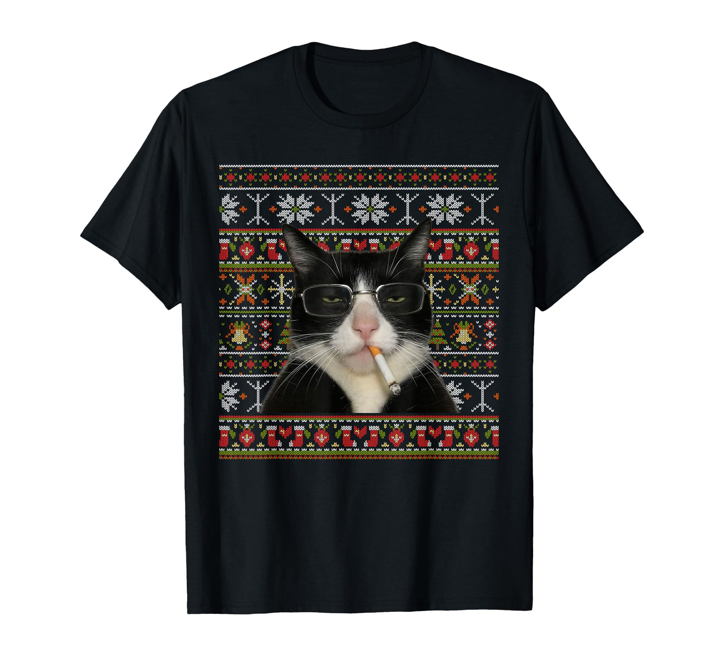 Funny Smoking Cat Meme Christmas Ugly Sweater Cat Lovers T-Shirt
