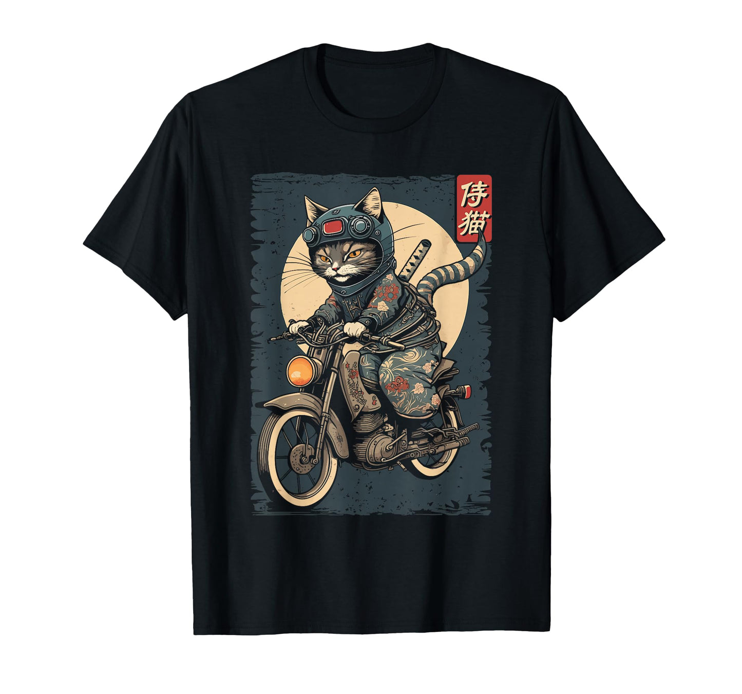 Japanese Samurai Cat on Motorcycle Kawaii Ninja Cat T-Shirt