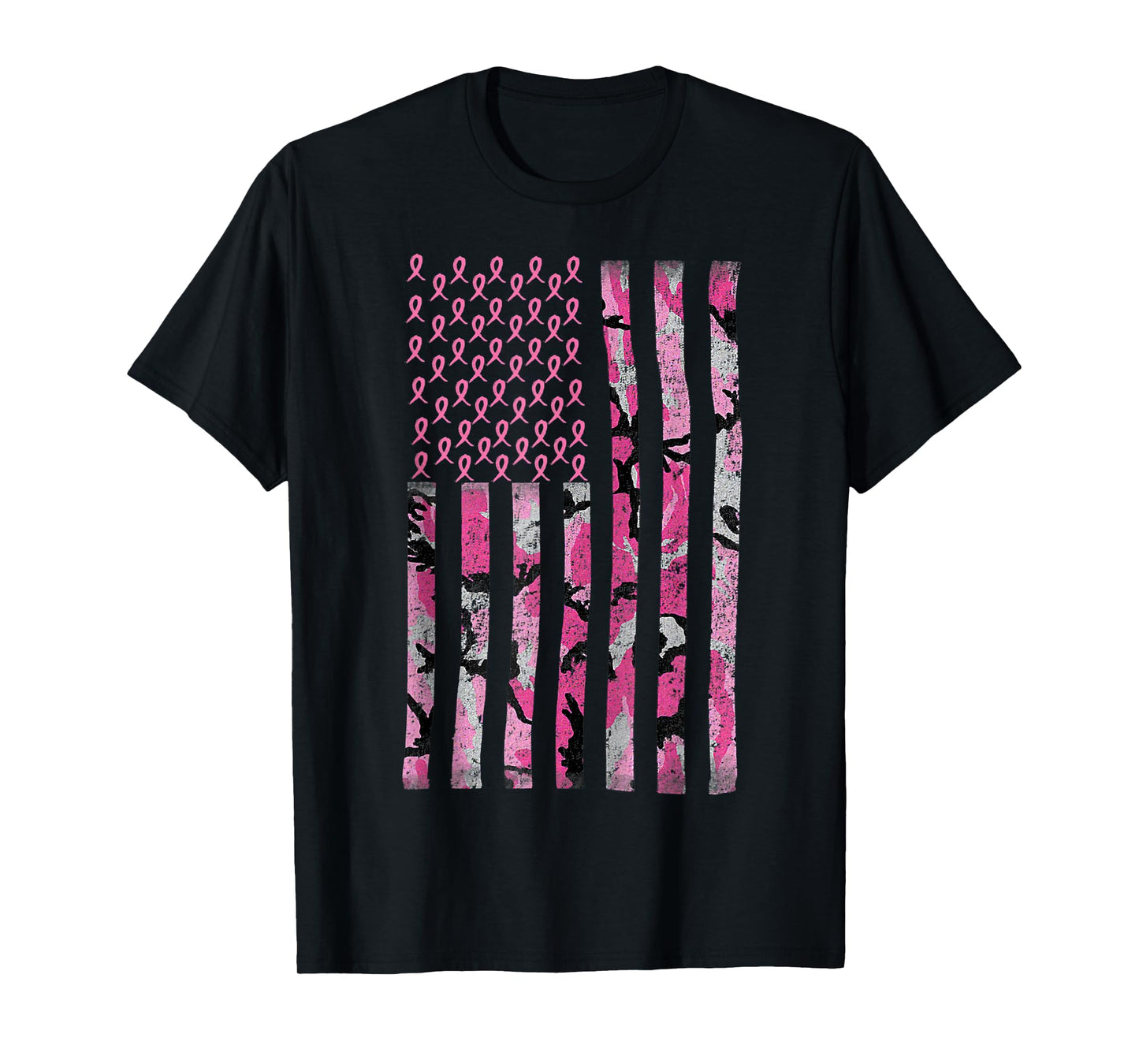 Breast Cancer Awareness Camo Pink Ribbon American Flag T-Shirt