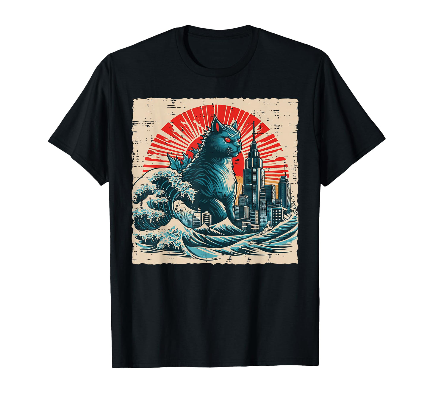 Japanese Cat Monster Great Wave City Ukiyo-e Men Women Kids T-Shirt
