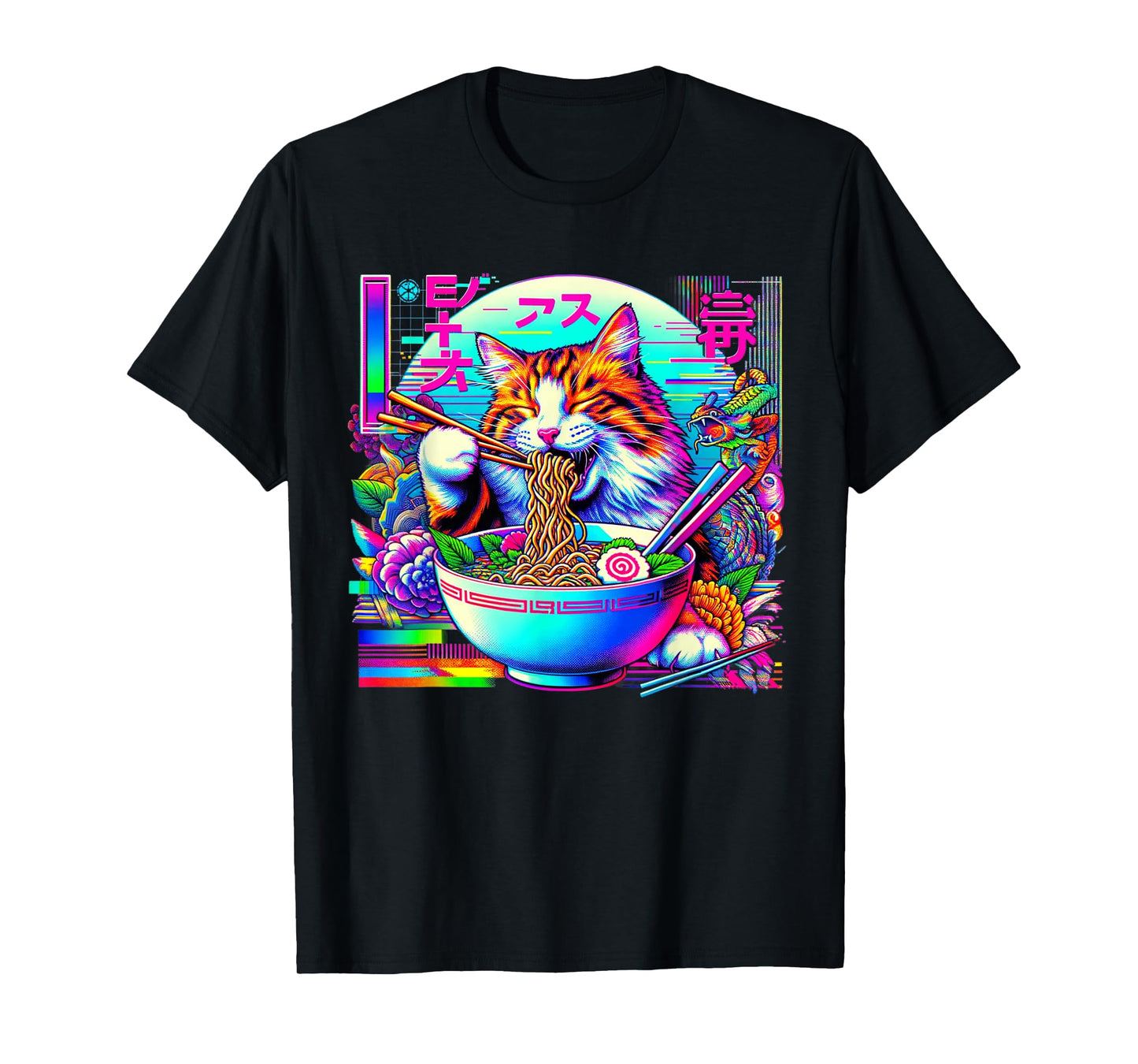 Vaporwave Japanese Glitch Art Cat Eating Ramen T-Shirt