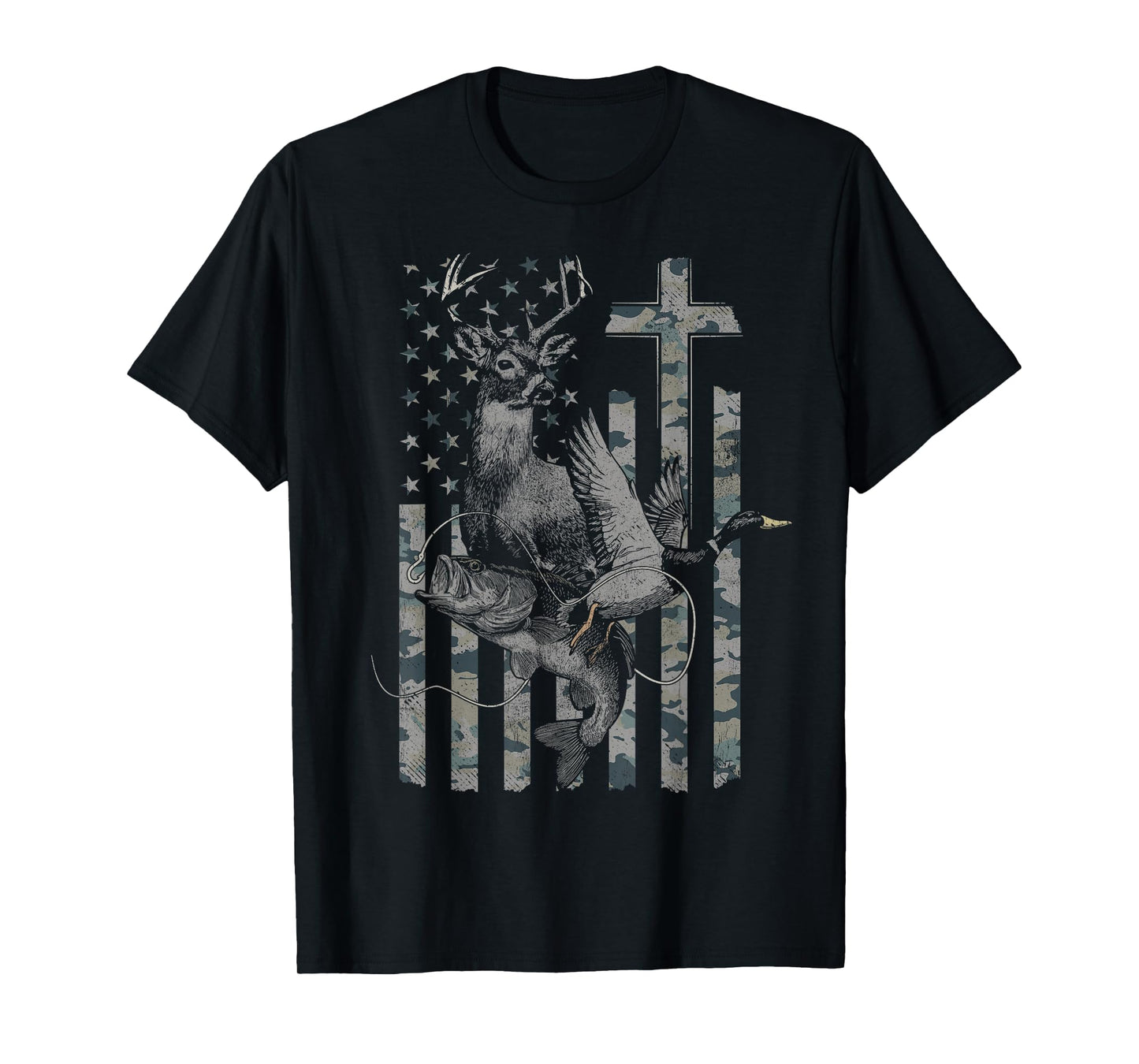 Christian Hunting and Fishing Camo American Flag T-Shirt