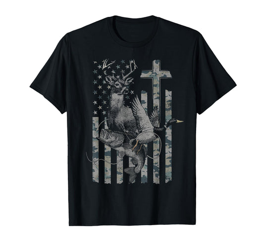 Christian Hunting and Fishing Camo American Flag T-Shirt