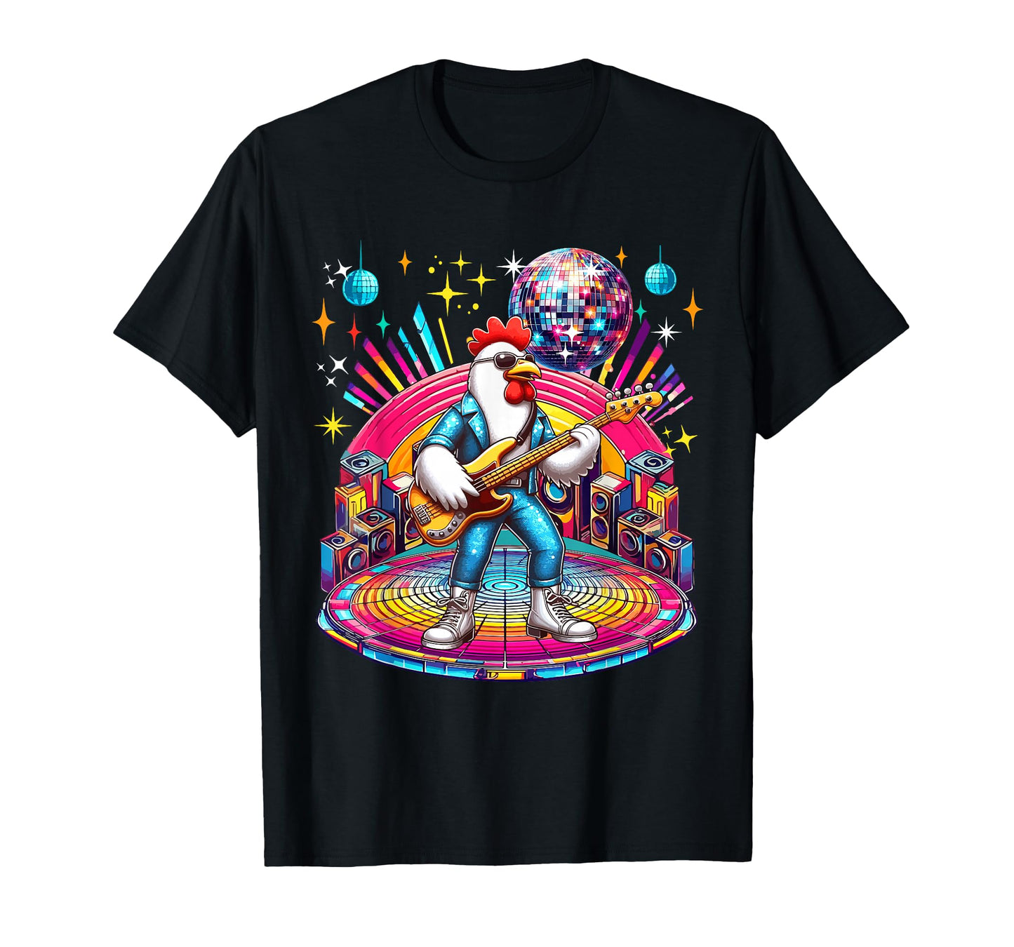Chicken Sunglasses Playing Guitar Colourful Costume Disco T-Shirt