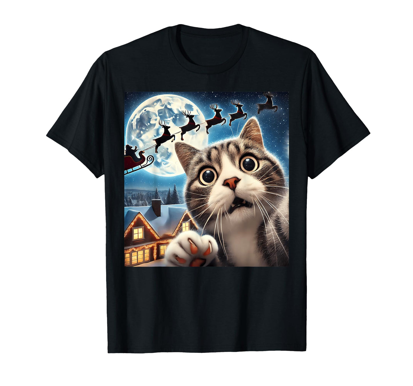 Funny Christmas Scared Cat Selfie Santa Claus Cat lover Men Women Kids T-Shirt
