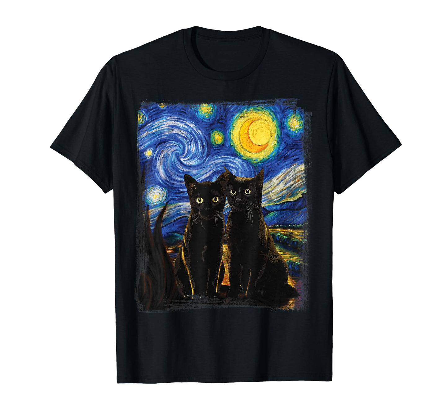 Starry Night Vincent Van Gogh Famous Painting Black Cats T-Shirt