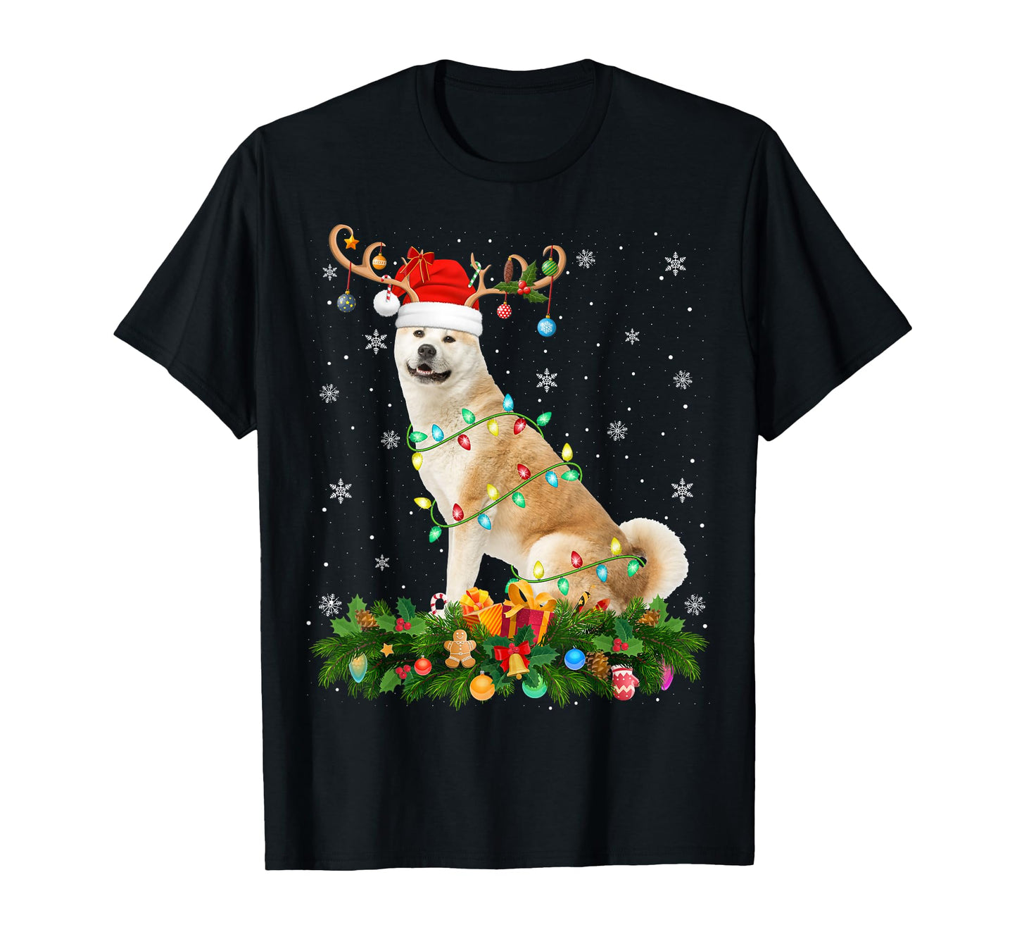 Akita Inu Christmas Lights Reindeer Santa Hat Dog Xmas T-Shirt