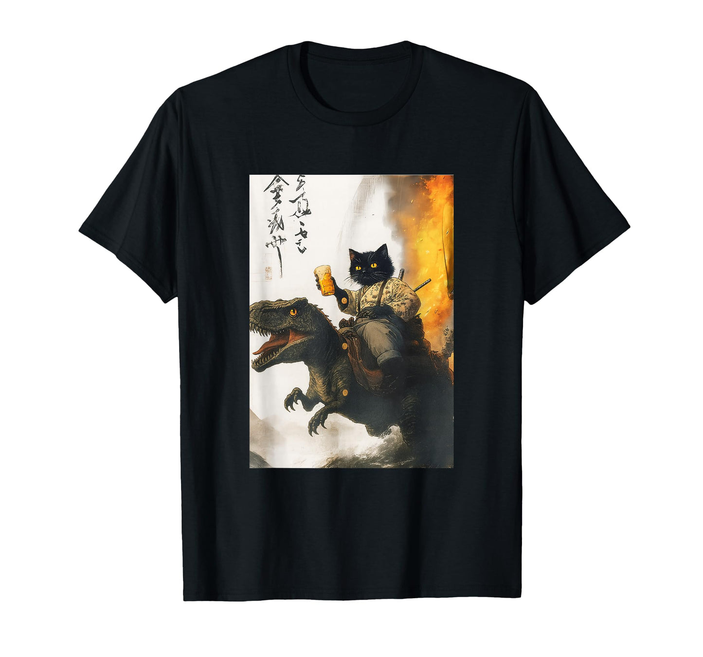 Samurai cat riding dinosaur with beer absurd warrior vibes T-Shirt