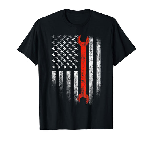 American Flag Mechanic Wrench Shirt Patriotic Car Van Tank Women Men T-Shirt