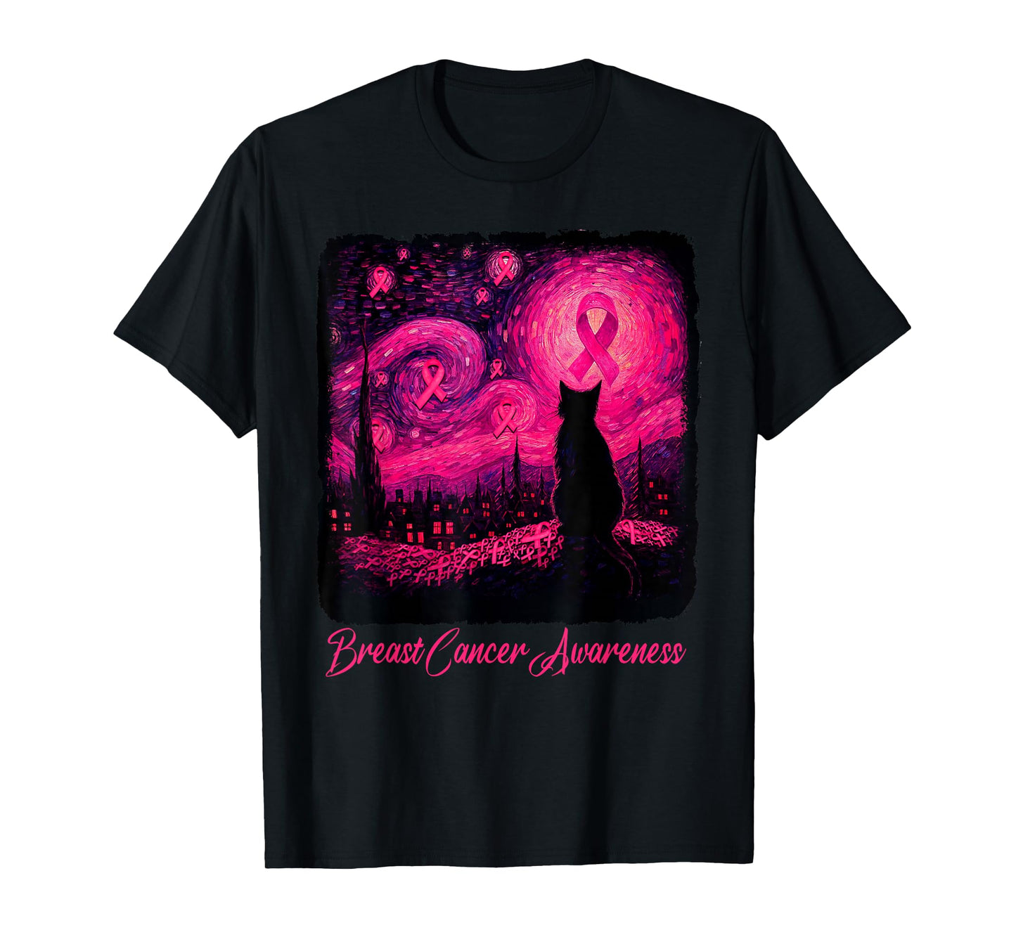 Starry Night Van Gogh Cat Halloween Breast Cancer Awareness T-Shirt