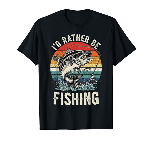 Vintage I'd Rather Be Fishing Graphic Bass Dad Boy Men T-Shirt