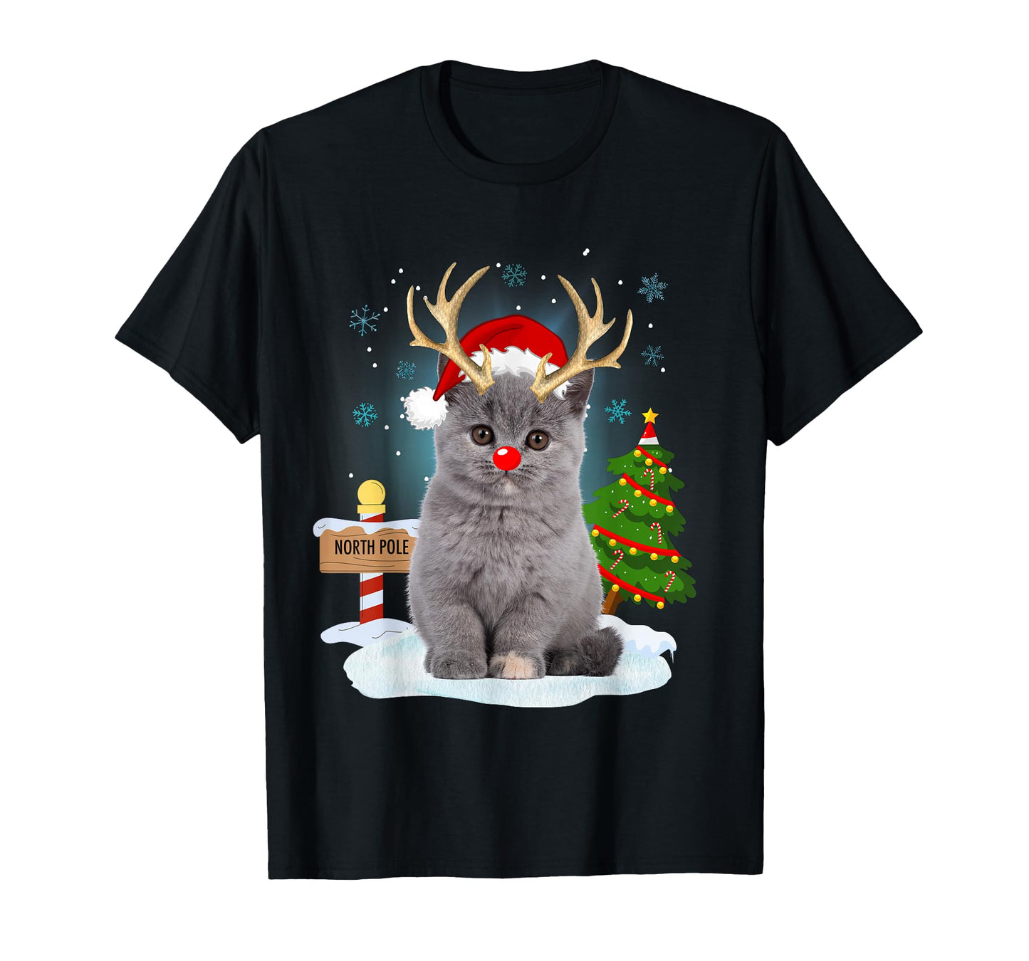 Funny Ugly Sweater Cat Reindeer North Pole Christmas T-Shirt