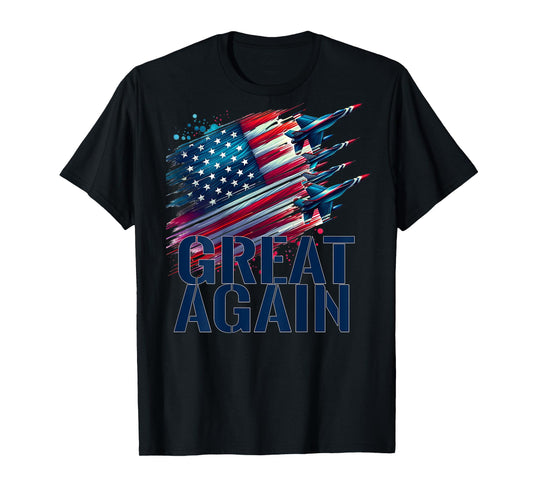 On Back Patriotic American Flag and Jets USA GREAT AGAIN T-Shirt