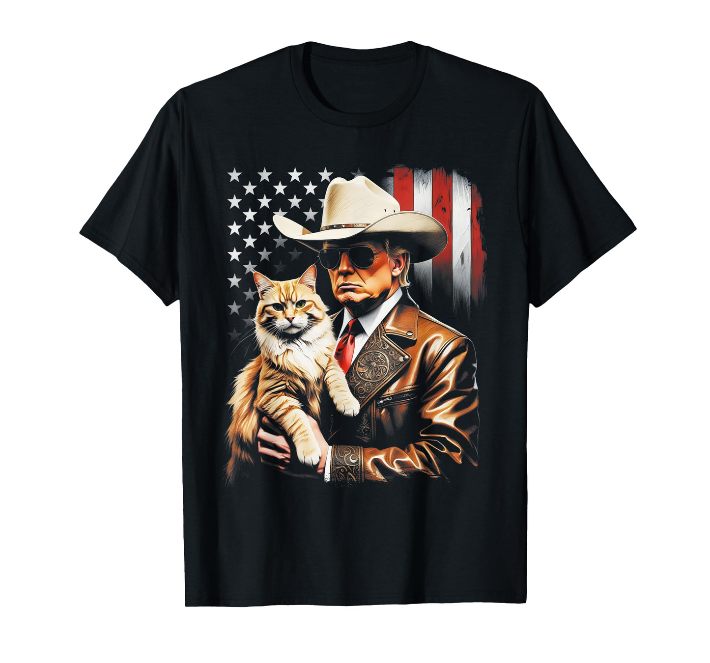 Trump and Cute Cat and American Flag Funny Trump Cowboy T-Shirt