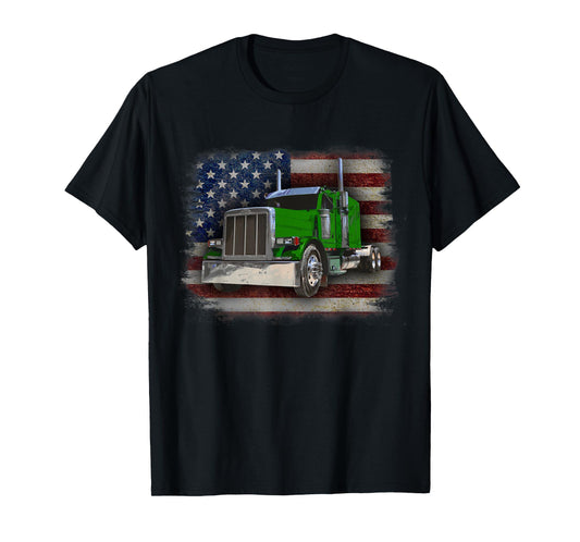 American Flag and Green Big Rig Patriotic Trucker T-Shirt