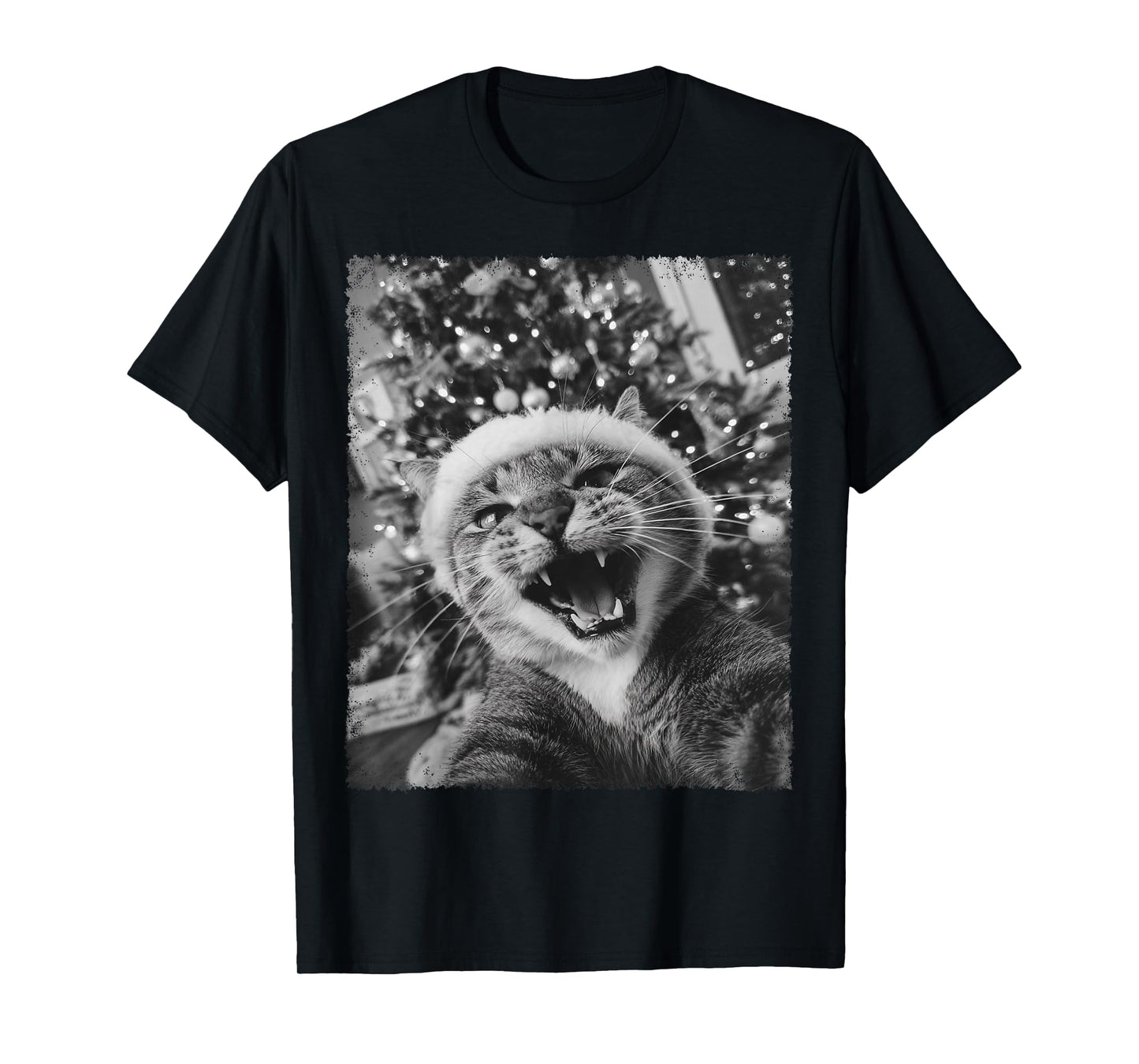 Funny Christmas Design Black and White Cat Selfie T-Shirt