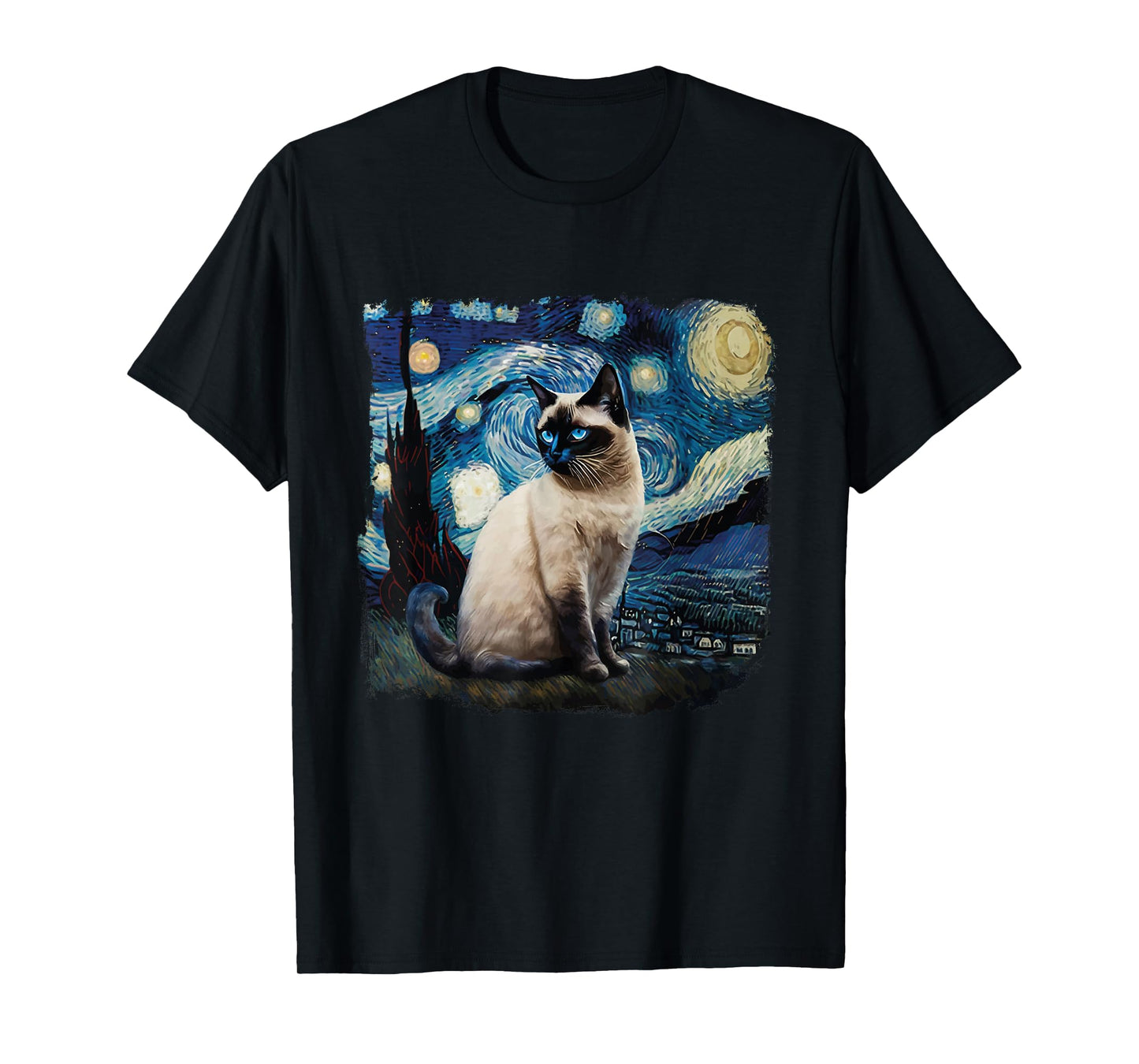 Cute Van Gogh Starry Night Cat Siamese Cat Lover Funny T-Shirt