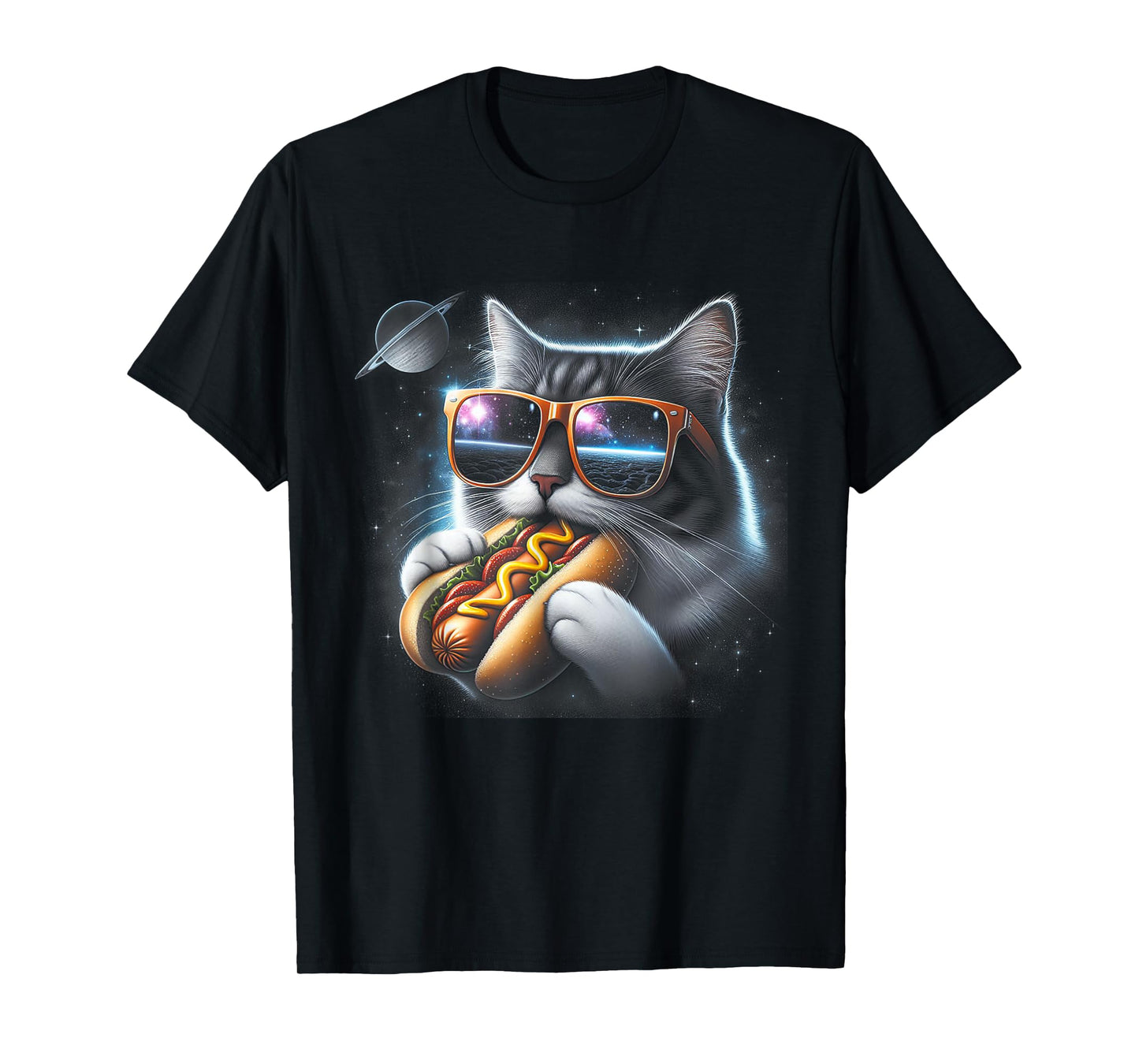 Cat Eating Funny Hot-Dog in Space Kit-Ty Gal-Axy Mens Womens T-Shirt