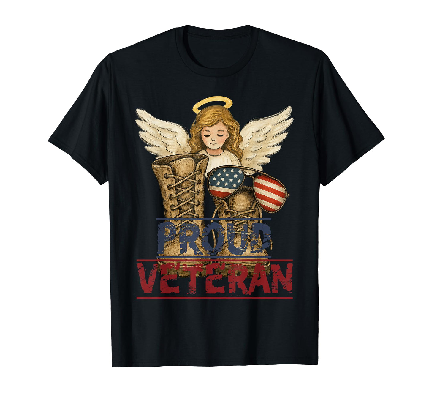 Proud Veteran Angel Wings with Combat Boots and USA Flag T-Shirt