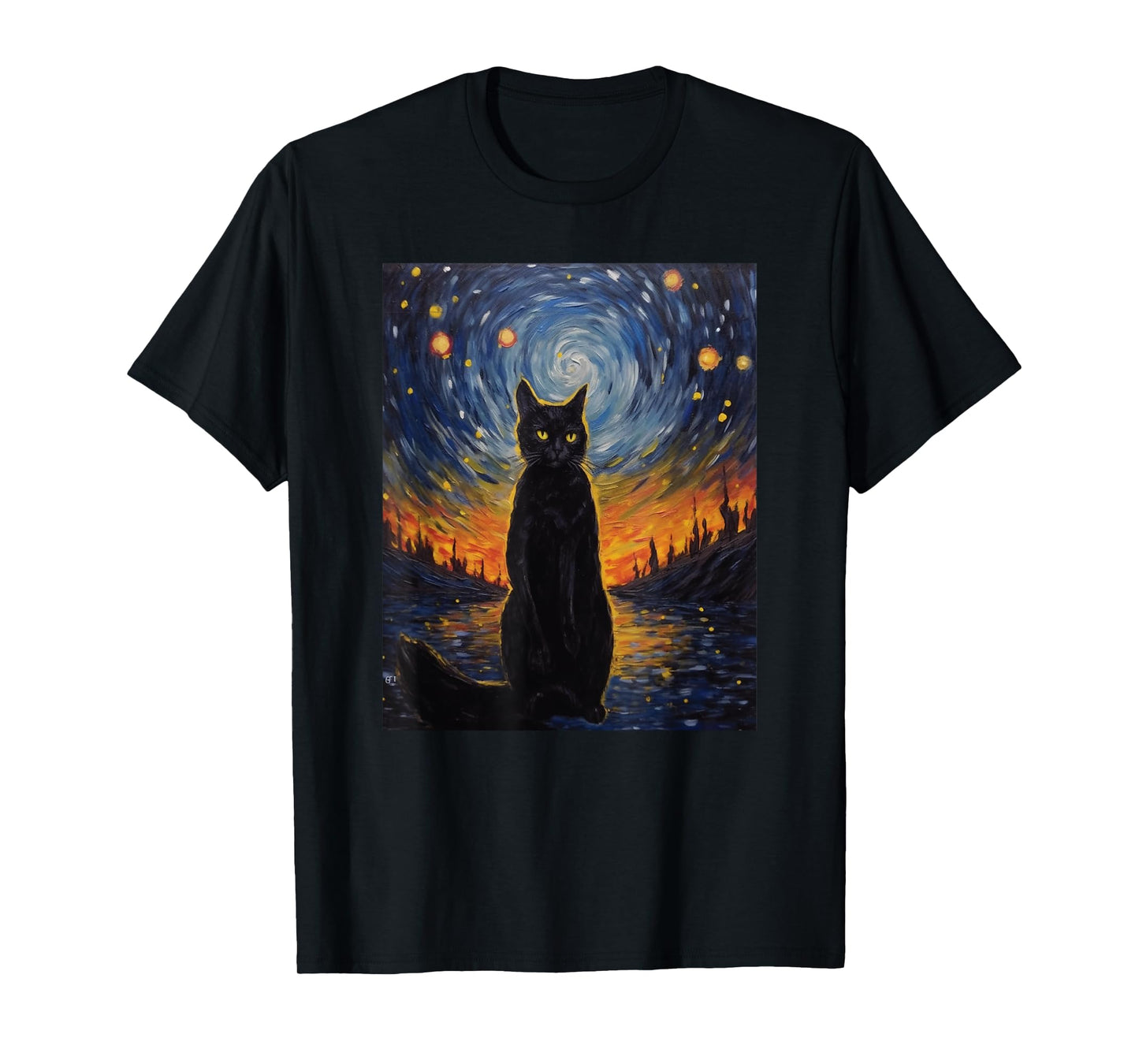 black cat Painting art Starry Night kitty kitten Van Gogh T-Shirt