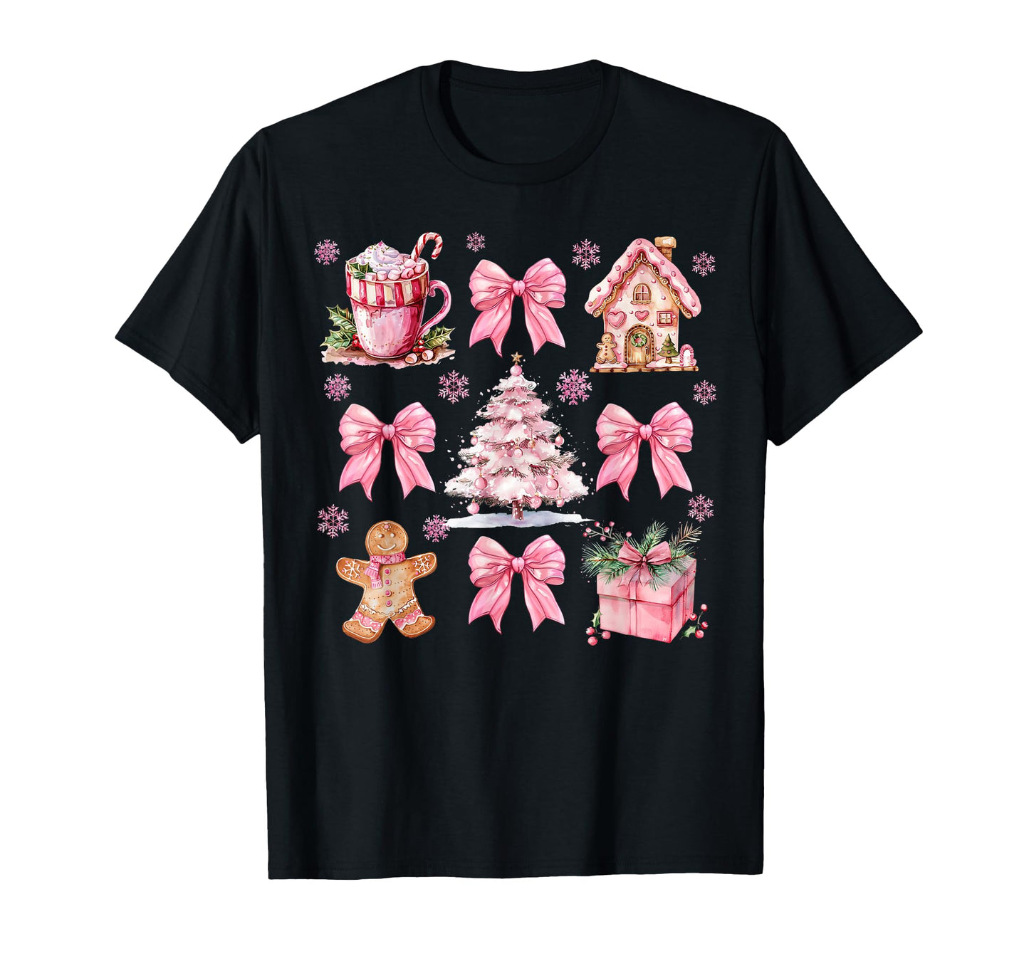 Cute Pink Coquette Bow Gingerbreads Coffee Family Xmas Tree T-Shirt
