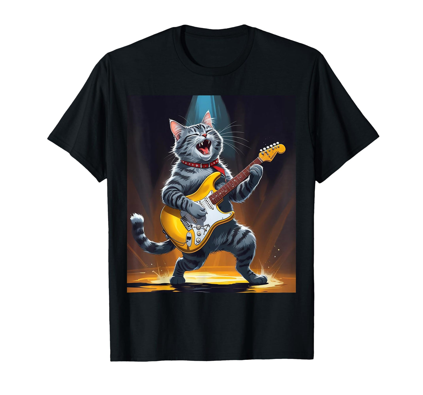 Cat Playing Guitar Rock Star Rock and Roll Men Women Kids T-Shirt