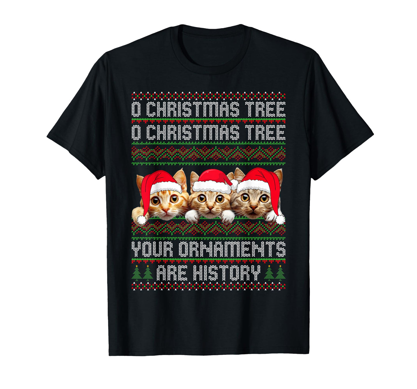 3 Cat Christmas Tree Ugly Sweater Santa Hat Funny Cat Xmas T-Shirt