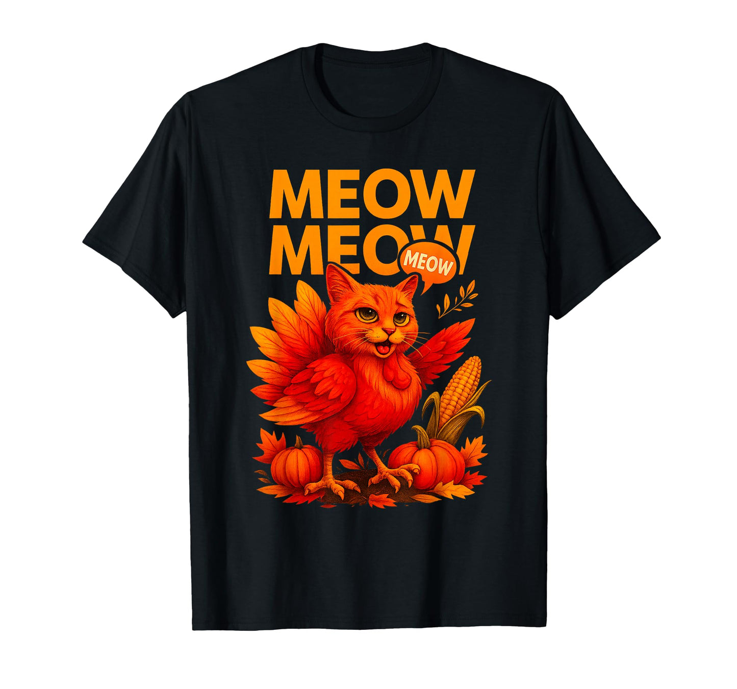 Funny Thanksgiving Turkey Cat Meow Retro Fall Humor Lovers T-Shirt