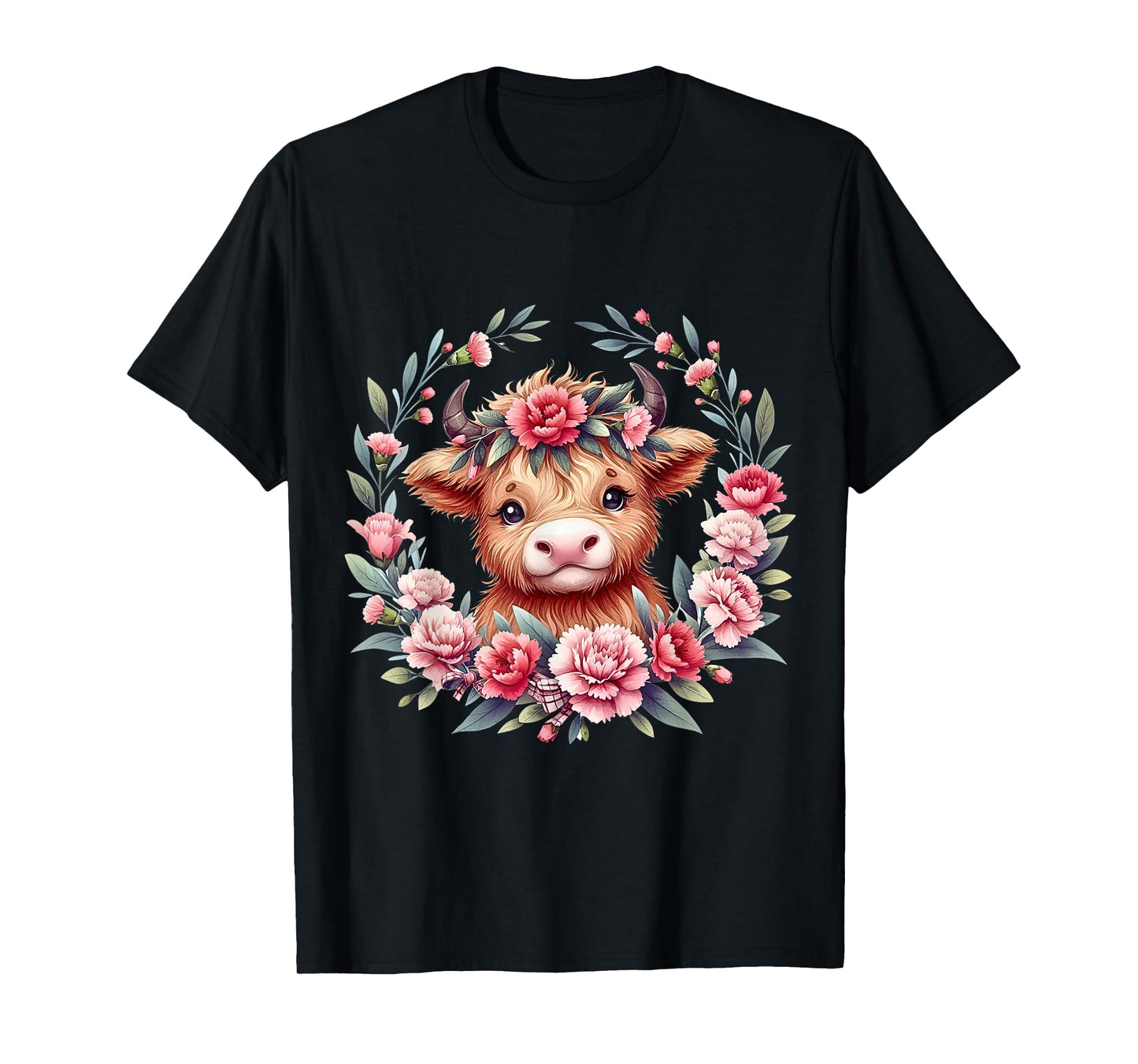 Cute Baby Highland Cow With Carnation Flower Scottish Farm T-Shirt