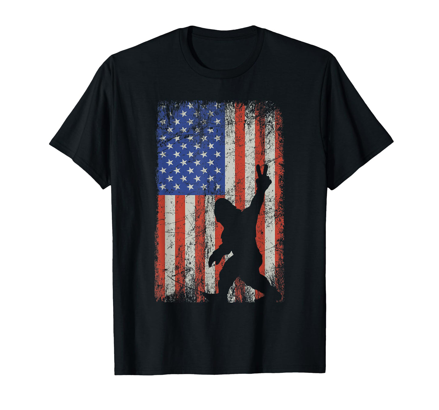 Bigfoot Sasquatch Rock and Roll American Flag 4th of July Women Kids Men T-Shirt