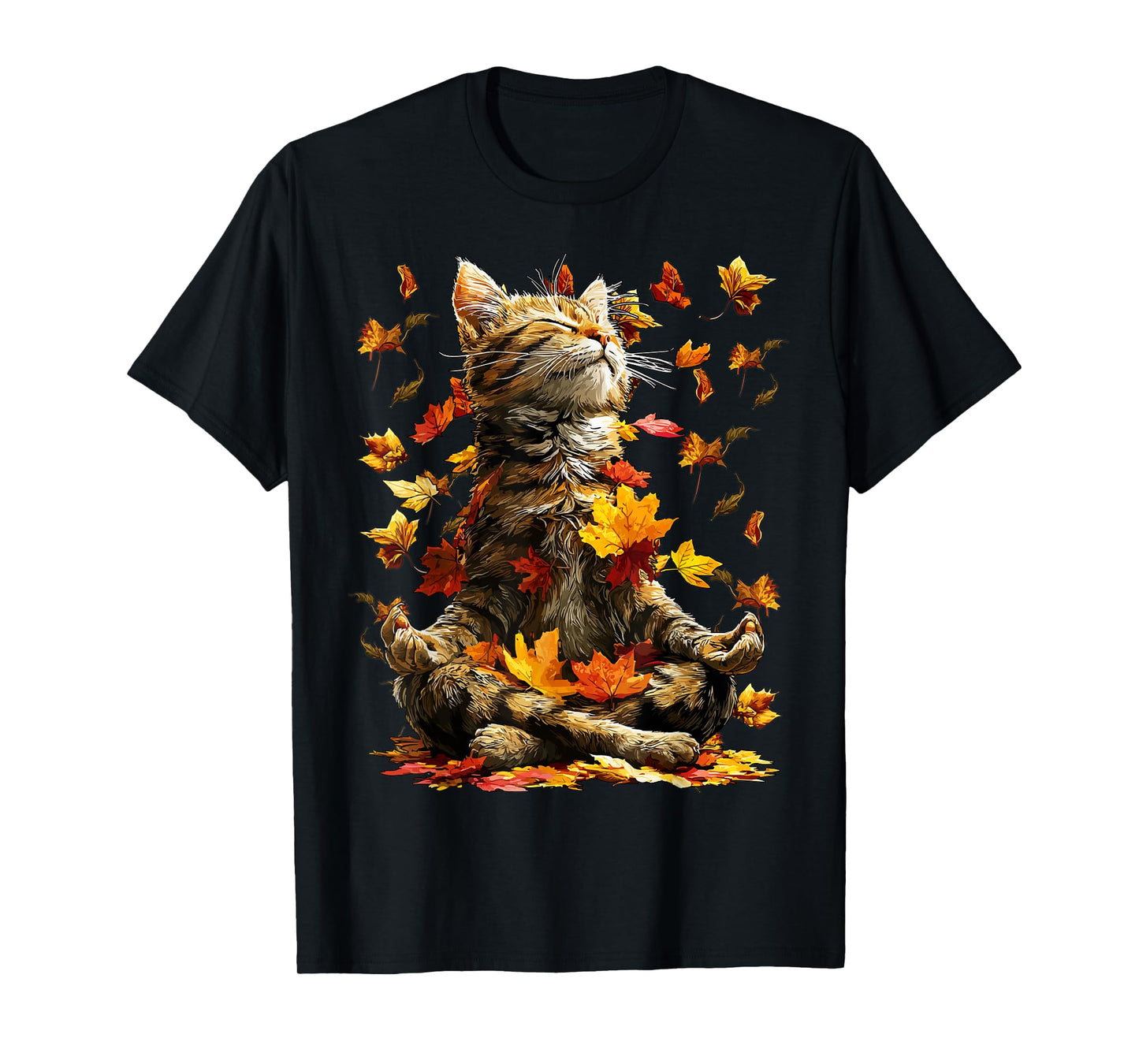Cute Tabby Cat Fall Leaves Meditating Animal Yoga Autumn Art T-Shirt